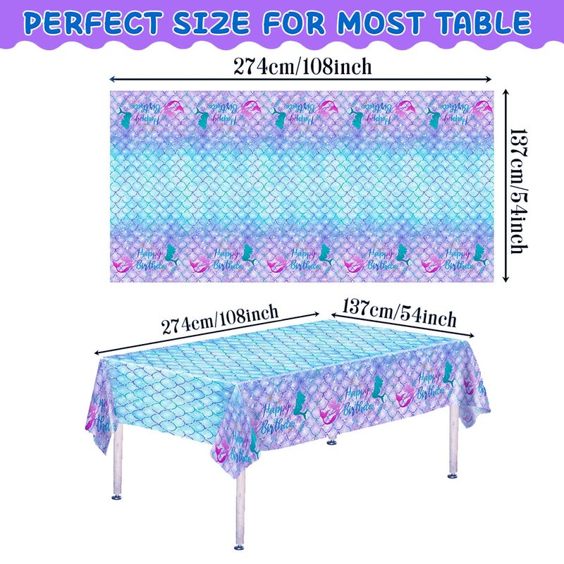 DaiUni 1PCS Mermaid Birthday Tablecloth for Birthday Party Decoration  Plastic Disposable Rectangle Table Cover for Kids Girls Party Supplies  54"" x 108"" - Image 2